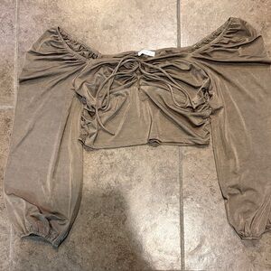 Blush Tan Ruched Off-Shoulder Crop Top